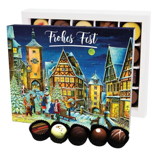 Hallingers Frohes Fest Snowman Rothenburg XL - Manufaktur Pralinen Weihnachten Geschenk handmade ohne Alkohol aus Edelkakao Schokolade (Box) - Muttertagsgeschenk & Geschenkideen zum Vatertag | Glückwu von Hallingers Genuss Manufaktur
