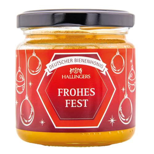 Hallingers Frohes Fest Weihnachten - Zu Weihnachten Deutscher Bienenhonig direkt vom Imker, fix & fertig als Geschenk (Glas) - Muttertagsgeschenk & Geschenkideen zum Vatertag | Genesung Silvester Freu von Hallingers Genuss Manufaktur