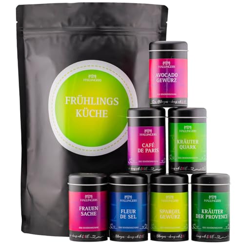 Hallingers Frühlingsküche - Wundertüte XXL Gourmet Gewürze Geschenkset mit 7 Aromadosen - Gewürzmischungen & Salz (Set) - Muttertagsgeschenk & Geschenkideen zum Vatertag | Geburtstag Glückwunsch Neues von Hallingers Genuss Manufaktur