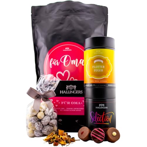 Hallingers Für Oma XXL - Muttertagsgeschenk Wundertüte XXL Geschenkset Pralinen Tafel Schokolade Nougatmandeln & Tee (Set) - Muttertagsgeschenk & Geschenkideen zum Vatertag | Glückwunsch Jahrestag Glü von Hallingers Genuss Manufaktur