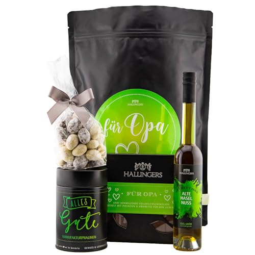 Hallingers Für Opa XXL - Vatertagsgeschenk Wundertüte XXL Geschenkset Haselnusslikör Pralinen Nougatmandeln & Schokolade (Set) - Muttertagsgeschenk & Geschenkideen zum Vatertag | Glückwunsch Jahrestag von Hallingers Genuss Manufaktur