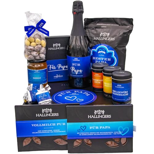 Hallingers Für Papa - Gourmet Geschenk-Set in edler Box mit ganz viel Feinkost als Geschenkkorb zum Vatertag (Set) - Muttertagsgeschenk & Geschenkideen zum Vatertag | Glückwunsch Jahrestag Freundschaf von Hallingers Genuss Manufaktur