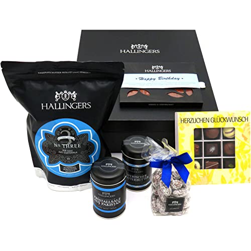 Hallingers Happy Birthday Blue - Gourmet Geschenk-Set in edler Box als Geschenkkorb zum Geburtstag (Set) - Muttertagsgeschenk & Geschenkideen zum Vatertag | Geburtstag Glückwunsch Danke Jahrestag Glüc von Hallingers Genuss Manufaktur