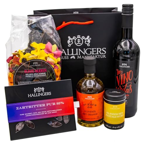 Hallingers Pasta Time - Gourmet Geschenk-Set in edler Box als Geschenkkorb zum Thema Nudeln (Set) - Muttertagsgeschenk & Geschenkideen zum Vatertag | Glückwunsch Glückwünsche Freundschaft Genesung von Hallingers Genuss Manufaktur