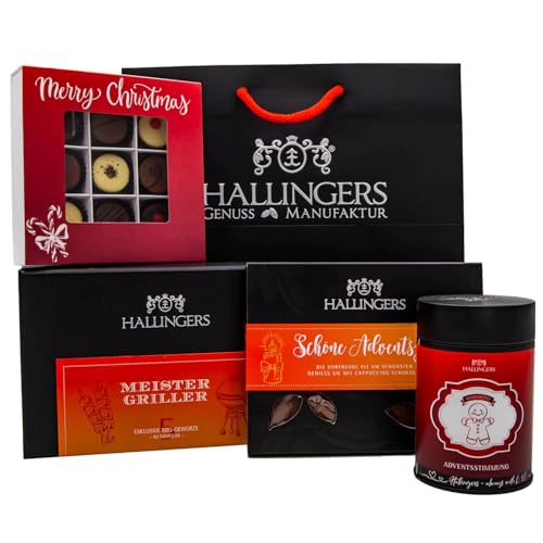 Hallingers Best of Christmas - Weihnachtliches Geschenk-Set mit Tafel, Tee, Pralinen & Gewürz als Geschenkkorb zu Weihnachten (Set) - Muttertagsgeschenk & Geschenkideen zum Vatertag | Glückwunsch Glüc von Hallingers Genuss Manufaktur