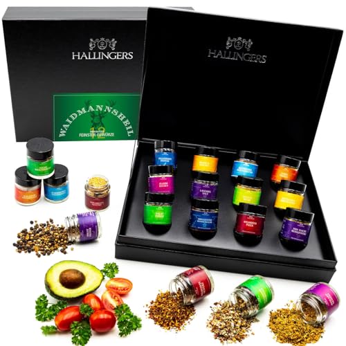 Hallingers Waidmannsheil XL - Gewürz Geschenkset handmade, 12 Gewürze aus aller Welt - für Jäger (Set) - Muttertagsgeschenk & Geschenkideen zum Vatertag | Geburtstag Glückwunsch Neues Zuhause Jahresta von Hallingers Genuss Manufaktur