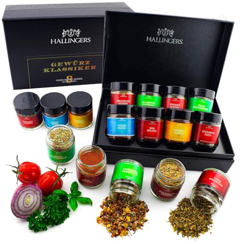 Hallingers Gewürz Klassiker - 8 Sorten Gewürze Geschenkset handmade, 8 Gewürze Set aus aller Welt in edler Box (Set) - Muttertagsgeschenk & Geschenkideen zum Vatertag | Geburtstag Glückwunsch Neues Zu von Hallingers Genuss Manufaktur