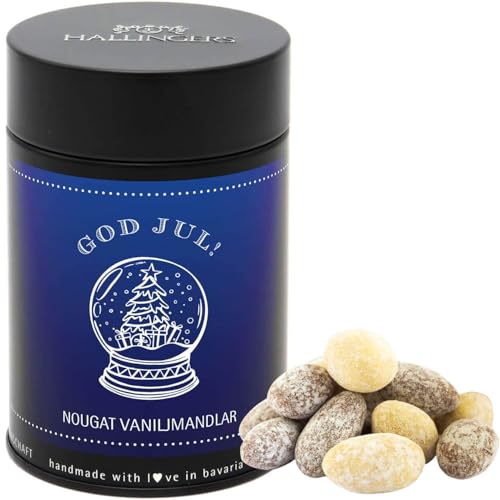 Hallingers God Jul, blue - Svenska - Schwedische Edition Nougat-schokolierte Vanille-Mandeln handgemacht (Dose) - Muttertagsgeschenk & Geschenkideen zum Vatertag | Glückwunsch Freundschaft Genesung von Hallingers Genuss Manufaktur