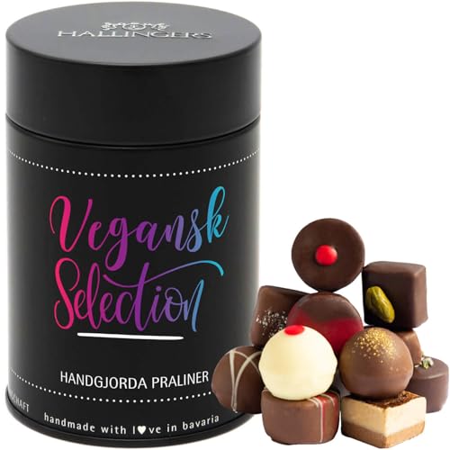 Hallingers God Jul, vegan - Svenska - Schwedische Edition vegane Manufaktur Pralinen handmade teils mit Alkohol aus veganer Schokolade (Dose) - Muttertagsgeschenk & Geschenkideen zum Vatertag | Glückw von Hallingers Genuss Manufaktur