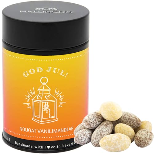 Hallingers God Jul, yellow - Svenska - Schwedische Edition Nougat-schokolierte Vanille-Mandeln handgemacht (Dose) - Muttertagsgeschenk & Geschenkideen zum Vatertag | Glückwunsch Freundschaft Genesung von Hallingers Genuss Manufaktur