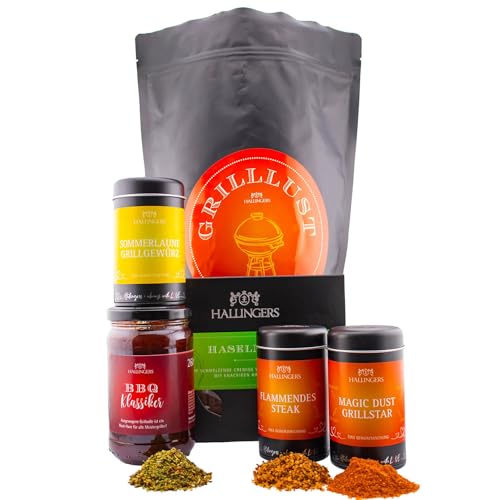Hallingers Grilllust XXL - Grillen Wundertüte XXL Geschenkset Grillsoße, 3 Gewürze/Rubs Magic Dust & Tafel Schokolade (Set) - Muttertagsgeschenk & Geschenkideen zum Vatertag | Geburtstag Glückwunsch von Hallingers Genuss Manufaktur