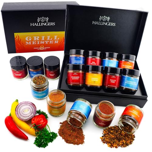 Hallingers Grillmeister - 8 Sorten BBQ Gewürze Geschenkset handmade, 8 Grill-Gewürze Set aus aller Welt in edler Box (Set) - Muttertagsgeschenk & Geschenkideen zum Vatertag | Geburtstag Glückwunsch Ne von Hallingers Genuss Manufaktur