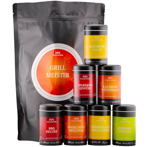 Hallingers Grillmeister Set - Wundertüte XXL Gourmet Gewürze Geschenkset mit 7 Aromadosen - BBQ Gewürzmischungen & Pfeffer (Set) - Muttertagsgeschenk & Geschenkideen zum Vatertag | Geburtstag Glückwun von Hallingers Genuss Manufaktur
