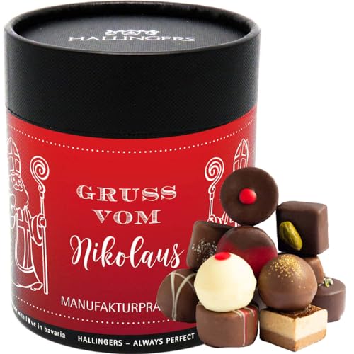 Hallingers Gruß vom Nikolaus XXL - Weihnachten Manufaktur Pralinen Geschenk handmade ohne Alkohol aus Edelkakao Schokolade (Dose) - Muttertagsgeschenk & Geschenkideen zum Vatertag | Glückwunsch Danke von Hallingers Genuss Manufaktur
