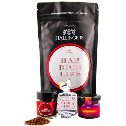 Hallingers Hab Dich lieb - Valentinstag Wundertüte Geschenkset Nougat Busserl, Roibuschtee & Erdbeer Konfitüre aus Liebe (Set) - Muttertagsgeschenk & Geschenkideen zum Vatertag | Glückwunsch Jahrestag von Hallingers Genuss Manufaktur