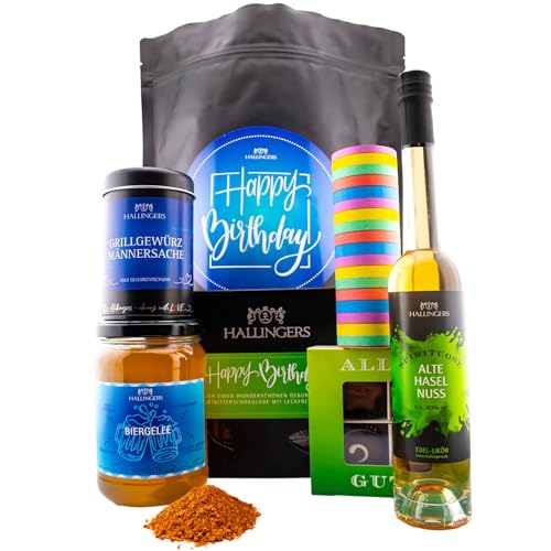 Hallingers Happy Birthday Blue - Geburtstag Wundertüte XXL Geschenkset Biergelée Pralinen Haselnusslikör Schokolade Luftschlange (Set) - Muttertagsgeschenk & Geschenkideen zum Vatertag | Geburtstag Gl von Hallingers Genuss Manufaktur