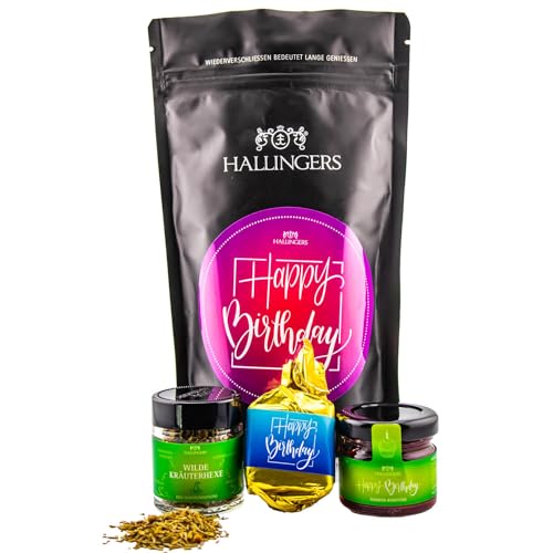 Hallingers Happy Birthday Pink - Geburtstag Wundertüte Geschenkset Nougat Busserl, Kräutergewürz & Erdbeer Konfitüre - Jubeltag (Set) - Muttertagsgeschenk & Geschenkideen zum Vatertag | Geburtstag Glü von Hallingers Genuss Manufaktur