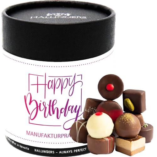 Hallingers Happy Birthday Pink XXL - Geburtstag Manufaktur Pralinen Geschenk handmade ohne Alkohol aus Edelkakao Schokolade (Dose) - Muttertagsgeschenk & Geschenkideen zum Vatertag | Geburtstag Glückw von Hallingers Genuss Manufaktur