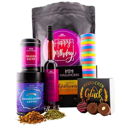 Hallingers Happy Birthday Purple - Geburtstag Wundertüte XXL Geschenkset Essig Gewürz Coldbrew Tee Pralinen Tafel Schokolade (Set) - Muttertagsgeschenk & Geschenkideen zum Vatertag | Geburtstag Glückw von Hallingers Genuss Manufaktur