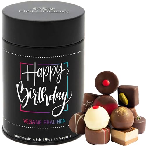 Hallingers Happy Birthday - Vegane Manufaktur Pralinen Geschenk handmade teils mit Alkohol aus veganer Schokolade (Dose) - Muttertagsgeschenk & Geschenkideen zum Vatertag | Geburtstag Glückwunsch Dank von Hallingers Genuss Manufaktur