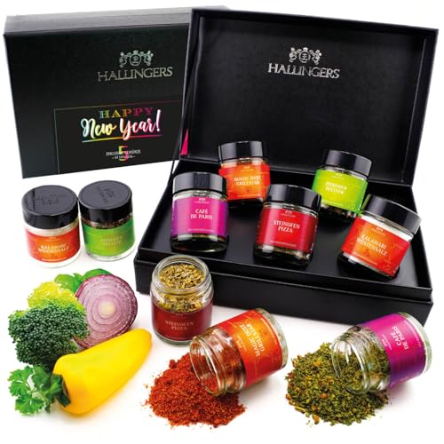 Hallingers Happy New Year Color - Silvester zu Neujahr 5 Gewürze Geschenkset, Geschenkbox Gewürze, Gewürze Geschenkset (Set) - Muttertagsgeschenk & Geschenkideen zum Vatertag | Glückwunsch Glückwünsch von Hallingers Genuss Manufaktur