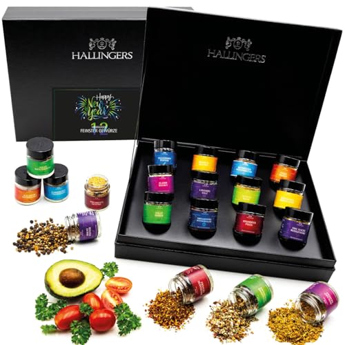 Hallingers Happy New Year Green - Silvester zu Neujahr 12 Gewürze Geschenkset, Geschenkbox Gewürze, Gewürze Geschenkset (Set) - Muttertagsgeschenk & Geschenkideen zum Vatertag | Neues Zuhause Glückwün von Hallingers Genuss Manufaktur