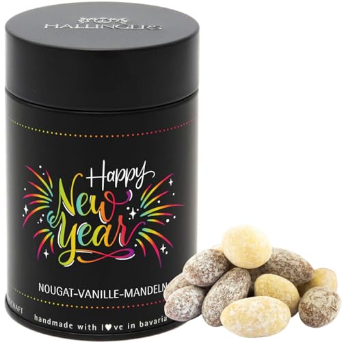 Hallingers Happy New Year - Nougat-schokolierte Vanille-Mandeln Geschenk Mitbringsel für Silvester handgemacht (Dose) - Muttertagsgeschenk & Geschenkideen zum Vatertag | Glückwunsch Freundschaft Genes von Hallingers Genuss Manufaktur