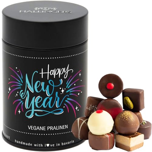 Hallingers Happy New Year - vegan - Vegane Manufaktur Pralinen Silvester Geschenk handmade teils mit Alkohol vegane Schokolade für Neujahr (Dose) - Muttertagsgeschenk & Geschenkideen zum Vatertag | Da von Hallingers Genuss Manufaktur