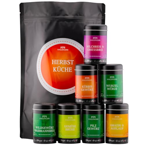 Hallingers Herbstküche - Wundertüte XXL Gourmet Gewürze Geschenkset mit 7 Aromadosen - Gewürzmischungen für den Herbst (Set) - Muttertagsgeschenk & Geschenkideen zum Vatertag | Geburtstag Glückwunsch von Hallingers Genuss Manufaktur