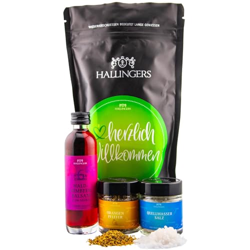 Hallingers Herzlich willkommen - Glückwünsche Wundertüte Geschenkset Quellwasser Salz, Orangen Pfeffer & Himbeer Balsam - welcome (Set) - Muttertagsgeschenk & Geschenkideen zum Vatertag | Geburtstag G von Hallingers Genuss Manufaktur