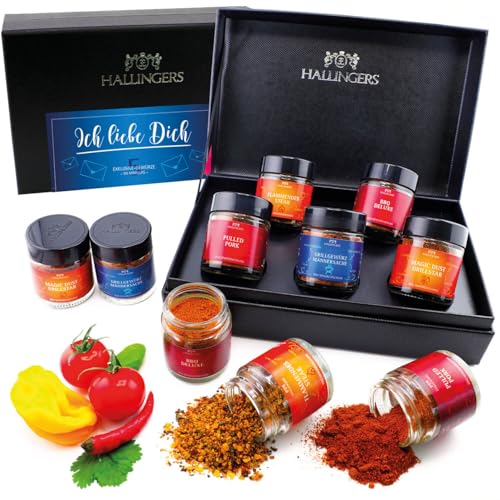 Hallingers Ich liebe Dich Blue - Für Verliebte zum Valentintstag 5 Gewürze Geschenkset, Geschenkbox Gewürze, Gewürze Geschenkset (Set) - Muttertagsgeschenk & Geschenkideen zum Vatertag | Glückwunsch J von Hallingers Genuss Manufaktur