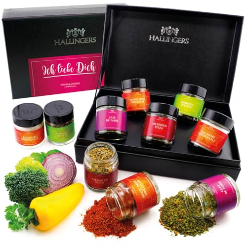 Hallingers Ich liebe Dich Pink - Für Verliebte zum Valentintstag 5 Gewürze Geschenkset, Geschenkbox Gewürze, Gewürze Geschenkset (Set) - Muttertagsgeschenk & Geschenkideen zum Vatertag | Glückwunsch J von Hallingers Genuss Manufaktur
