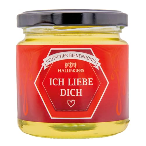 Hallingers Ich liebe Dich - Zum Valentinstag Deutscher Bienenhonig direkt vom Imker, fix & fertig als Geschenk (Glas) - Muttertagsgeschenk & Geschenkideen zum Vatertag | Genesung Jahrestag Freundschaf von Hallingers Genuss Manufaktur