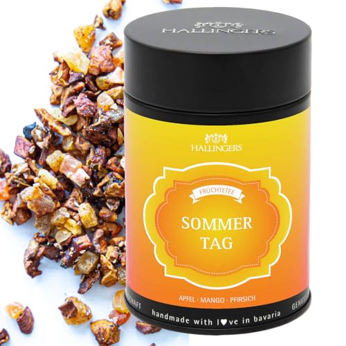 Hallingers Sommertag - Loser Früchte-Tee mit Apfel, Mango & Pfirsich (Dose) - Ostergeschenke Osterkörbchen Ostereier & als Osterdeko | Geburtstag Glückwunsch Genesung Danke Freundschaft von Hallingers Genuss Manufaktur