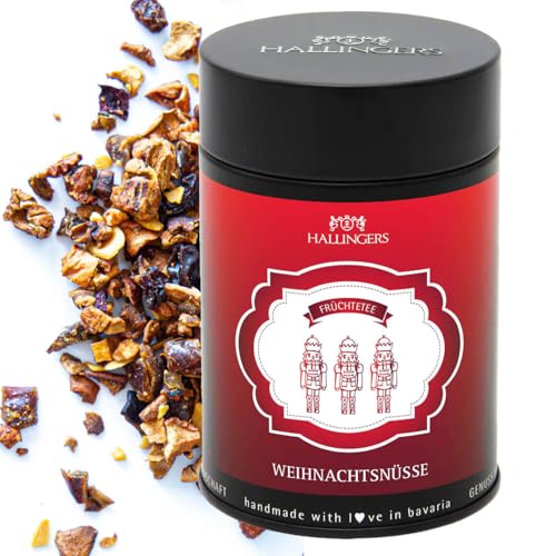 Hallingers Weihnachtsnüsse - Weihnachtlicher loser Früchte-Tee mit Mandel, Apfel & Dattel Geschenk zu Advent & Weihnachten (Dose) - Muttertagsgeschenk & Geschenkideen zum Vatertag | Genesung Silvester von Hallingers Genuss Manufaktur