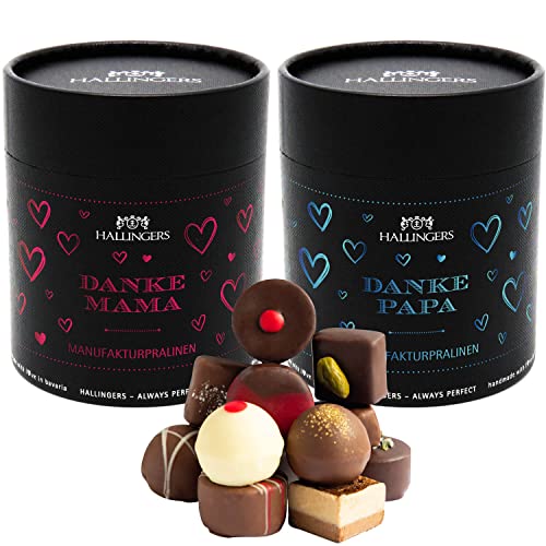 Hallingers 1x Danke Mama und 1x Danke Papa XXL - Muttertagsgeschenk Pralinen Geschenk handmade ohne Alkohol aus Edelkakao zum Vatertag für Papa (Set) - Muttertagsgeschenk & Geschenkideen zum Vatertag von Hallingers Genuss Manufaktur