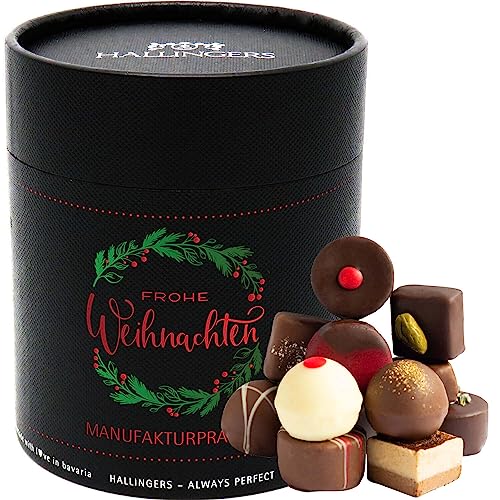 Hallingers Frohe Weihnachten XXL - Manufaktur Pralinen Geschenk handmade ohne Alkohol aus Edelkakao Schokolade (Dose) - Muttertagsgeschenk & Geschenkideen zum Vatertag | Glückwunsch Danke Neues Zuhaus von Hallingers Genuss Manufaktur