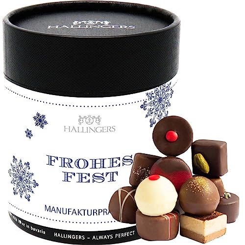 Hallingers Frohes Weihnachtsfest XXL - Manufaktur Pralinen Geschenk handmade ohne Alkohol aus Edelkakao Schokolade (Dose) - Muttertagsgeschenk & Geschenkideen zum Vatertag | Glückwunsch Danke Neues Zu von Hallingers Genuss Manufaktur