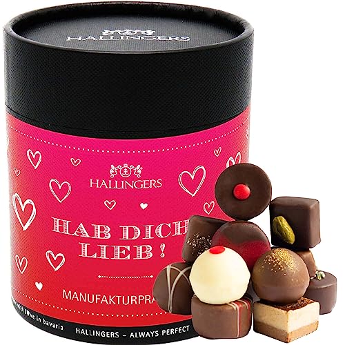 Hallingers Hab Dich lieb XXL - Valentinstag Manufaktur Pralinen Geschenk handmade ohne Alkohol aus Edelkakao Schokolade (Dose) - Muttertagsgeschenk & Geschenkideen zum Vatertag | Danke Jahrestag Glück von Hallingers Genuss Manufaktur