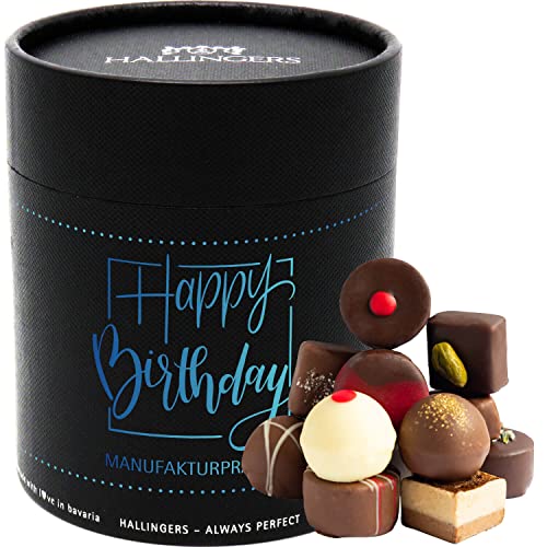 Hallingers Happy Birthday XXL - Manufaktur Pralinen Geschenk handmade ohne Alkohol aus Edelkakao Schokolade (Dose) - Muttertagsgeschenk & Geschenkideen zum Vatertag | Geburtstag Glückwunsch Danke Jahr von Hallingers Genuss Manufaktur