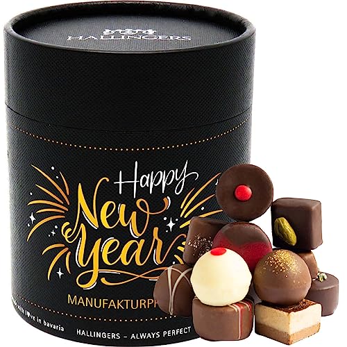 Hallingers Happy New Year XXL - Manufaktur Pralinen Silvester Geschenk handmade ohne Alkohol aus Edelkakao Schokolade Neujahr Geschenk (Dose) - Muttertagsgeschenk & Geschenkideen zum Vatertag | Glückw von Hallingers Genuss Manufaktur