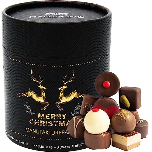 Hallingers Merry Christmas XXL - Manufaktur Pralinen Geschenk handmade ohne Alkohol aus Edelkakao Schokolade (Dose) - Muttertagsgeschenk & Geschenkideen zum Vatertag | Glückwunsch Danke Neues Zuhause von Hallingers Genuss Manufaktur