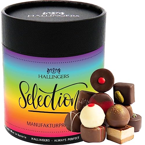 Hallingers Selection - Rainbow XXL - Manufaktur Pralinen Geschenk handmade ohne Alkohol aus Edelkakao Schokolade (Dose) - Muttertagsgeschenk & Geschenkideen zum Vatertag | Hochzeit Glückwunsch Danke J von Hallingers Genuss Manufaktur