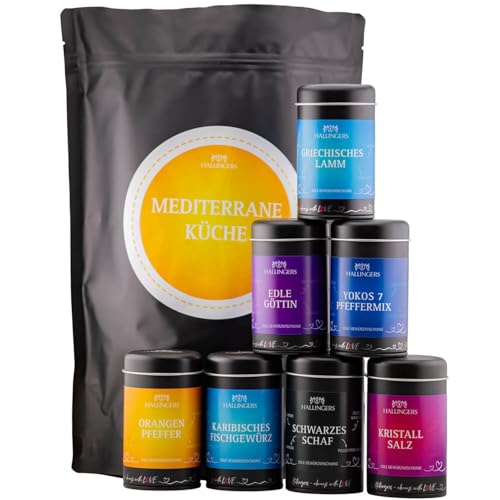 Hallingers Mediterane Küche - Wundertüte XXL Gourmet Gewürze Geschenkset mit 7 Aromadosen - Gewürzmischungen, Pfeffer & Salz (Set) - Muttertagsgeschenk & Geschenkideen zum Vatertag | Geburtstag Glückw von Hallingers Genuss Manufaktur