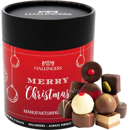 Hallingers Merry Christmas XXL - Weihnachten Manufaktur Pralinen Geschenk handmade ohne Alkohol aus Edelkakao Schokolade (Dose) - Muttertagsgeschenk & Geschenkideen zum Vatertag | Glückwunsch Danke Fr von Hallingers Genuss Manufaktur
