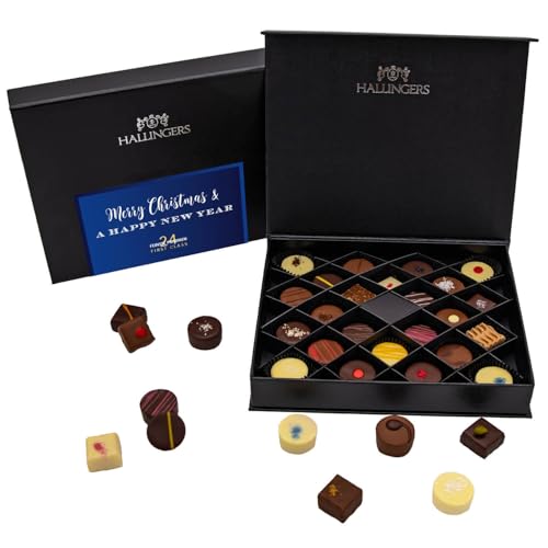 Hallingers Merry Christmas & A Happy New Year - 24 Manufaktur Pralinen Silvester Geschenk edle FirstClass handmade ohne Alkohol aus Edelkakao zu Neujahr (Box) - Muttertagsgeschenk & Geschenkideen zum von Hallingers Genuss Manufaktur