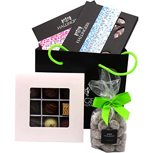 Hallingers Muttertag & Vatertag Bag Green - Muttertagsgeschenk Geschenk Set Tafel Schokolade Pralinen & Nougat zum Muttertag für Mama Oma (Set) - Muttertagsgeschenk & Geschenkideen zum Vatertag | Dank von Hallingers Genuss Manufaktur