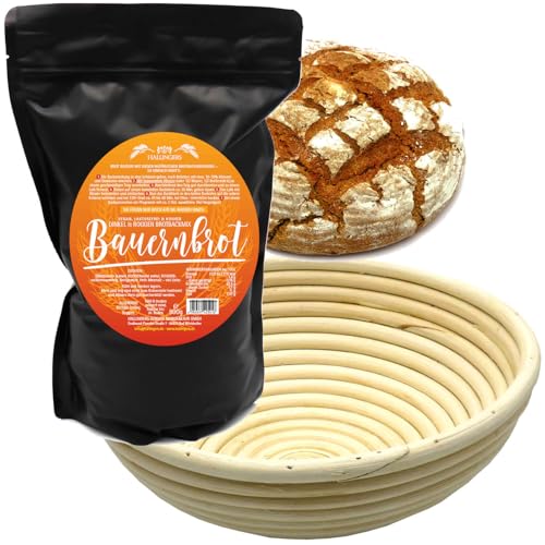 Hallingers Set Bauernbrotmix, Backmix und Gärkorb - Natürliche Brotbackmischung Gärkorb-Set (Set) - Muttertagsgeschenk & Geschenkideen zum Vatertag | Neues Zuhause Ruhestand Freundschaft Genesung von Hallingers Genuss Manufaktur