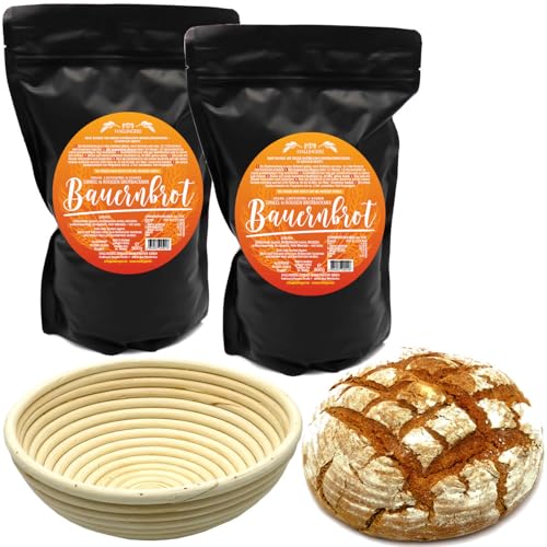 Hallingers Set 2x Bauernbrotmix, Backmix und 1x Gärkorb - Natürliche Brotbackmischung frisch aus der Mühle im Gärkorb-Set - 2er Sparpack (Set) - Muttertagsgeschenk & Geschenkideen zum Vatertag | Neues von Hallingers Genuss Manufaktur
