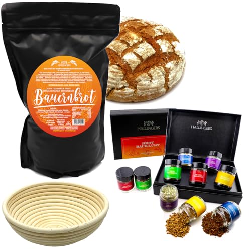 Hallingers Komplett-Set Bauernbrotmix, Gewürze und Gärkorb - Natürliche Brotbackmischung frisch aus der Mühle im Komplett-Set (Set) - Muttertagsgeschenk & Geschenkideen zum Vatertag | Neues Zuhause Ru von Hallingers Genuss Manufaktur